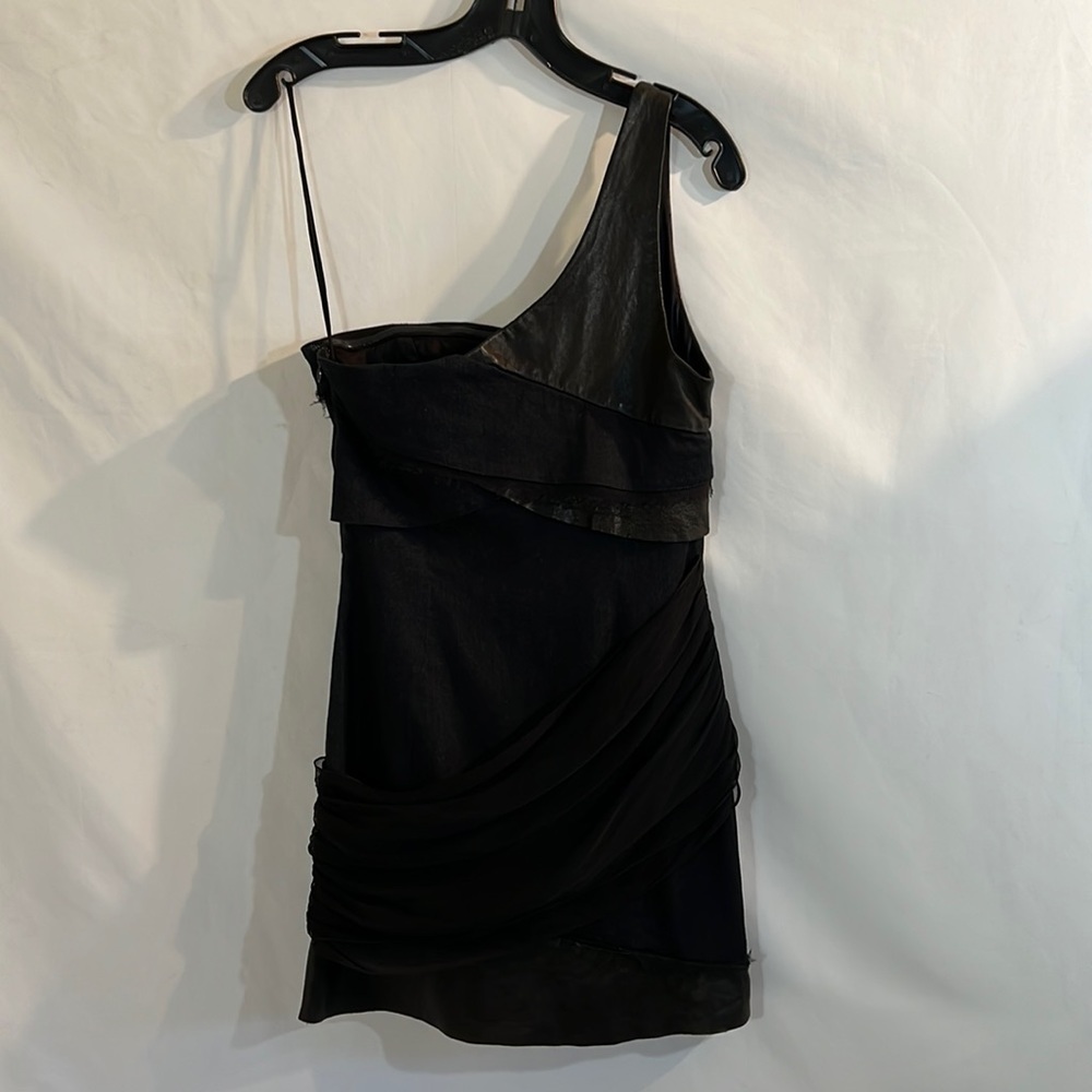 Alice + Olivia Black Cotton, Silk, Spandex & Leather One Shoulder Dress S/P